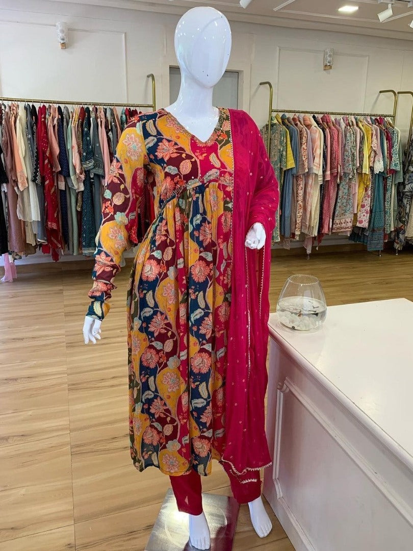 Multicolor georgette naira cut print and handwork pant suit