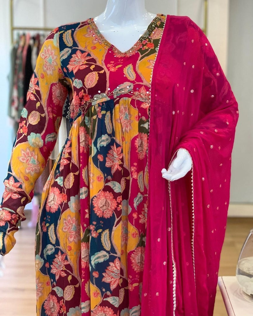 Multicolor georgette naira cut print and handwork pant suit