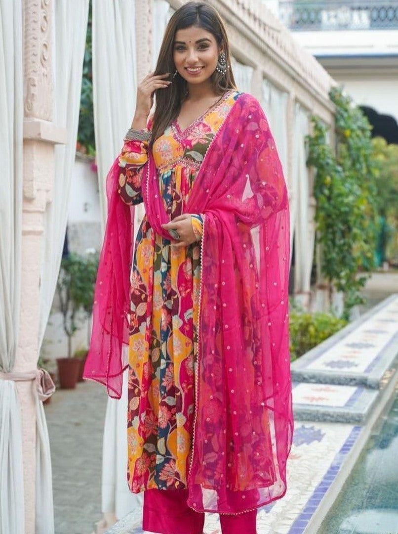 Multicolor georgette naira cut print and handwork pant suit
