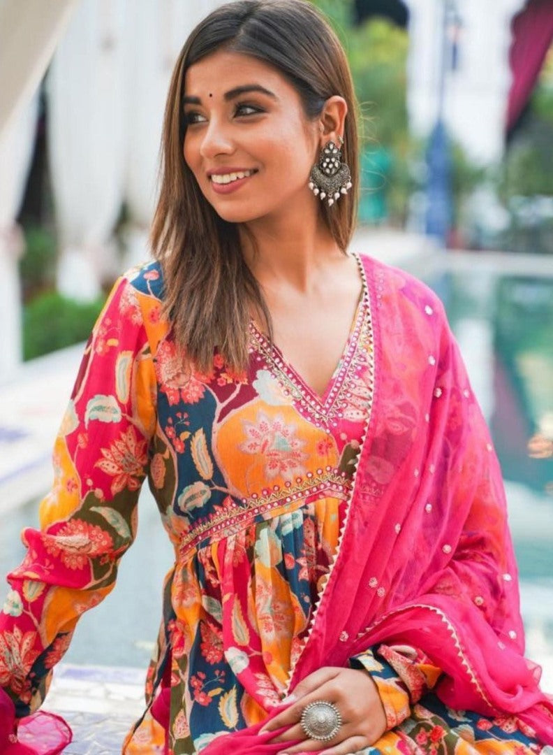 Multicolor georgette naira cut print and handwork pant suit