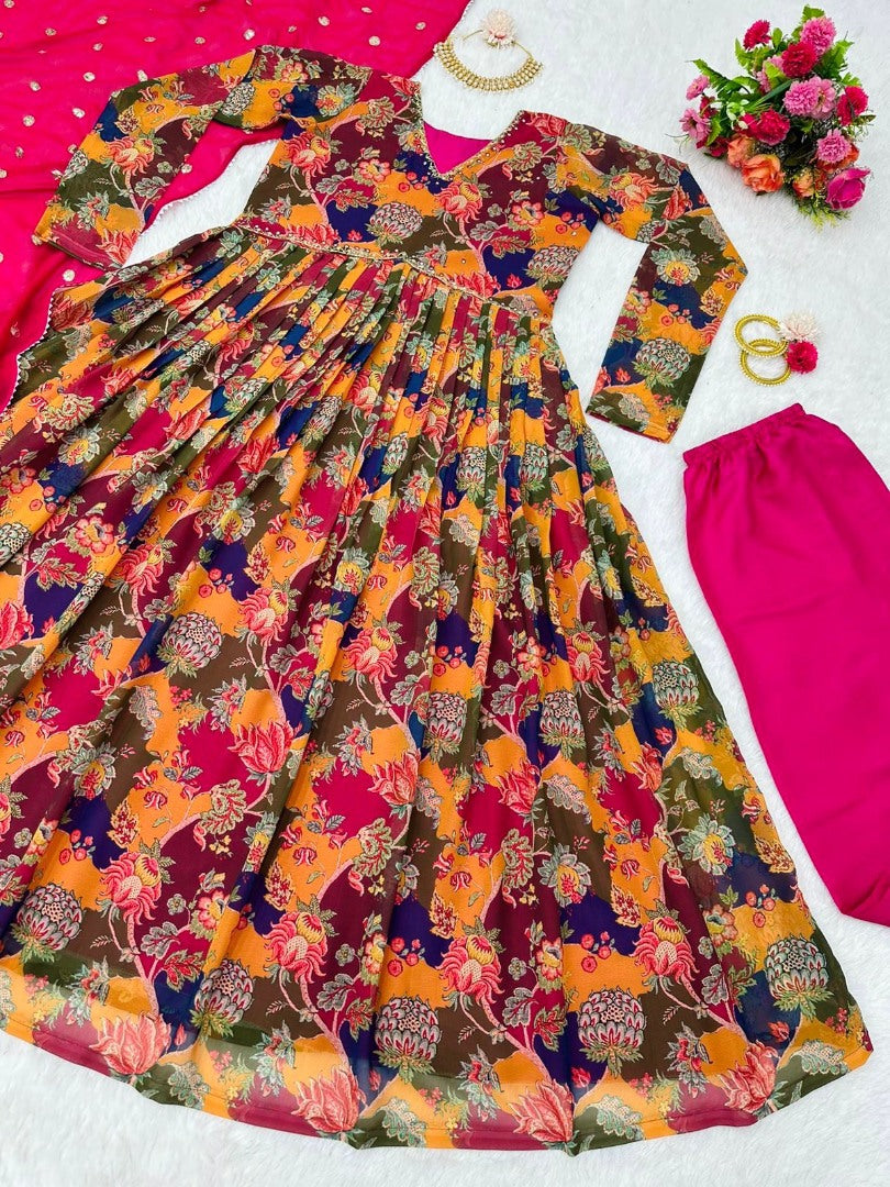 Multicolor georgette naira cut print and handwork pant suit