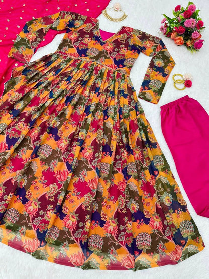 Multicolor georgette naira cut print and handwork pant suit