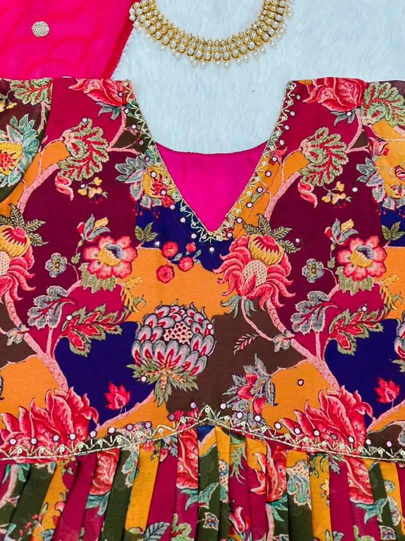 Multicolor georgette naira cut print and handwork pant suit
