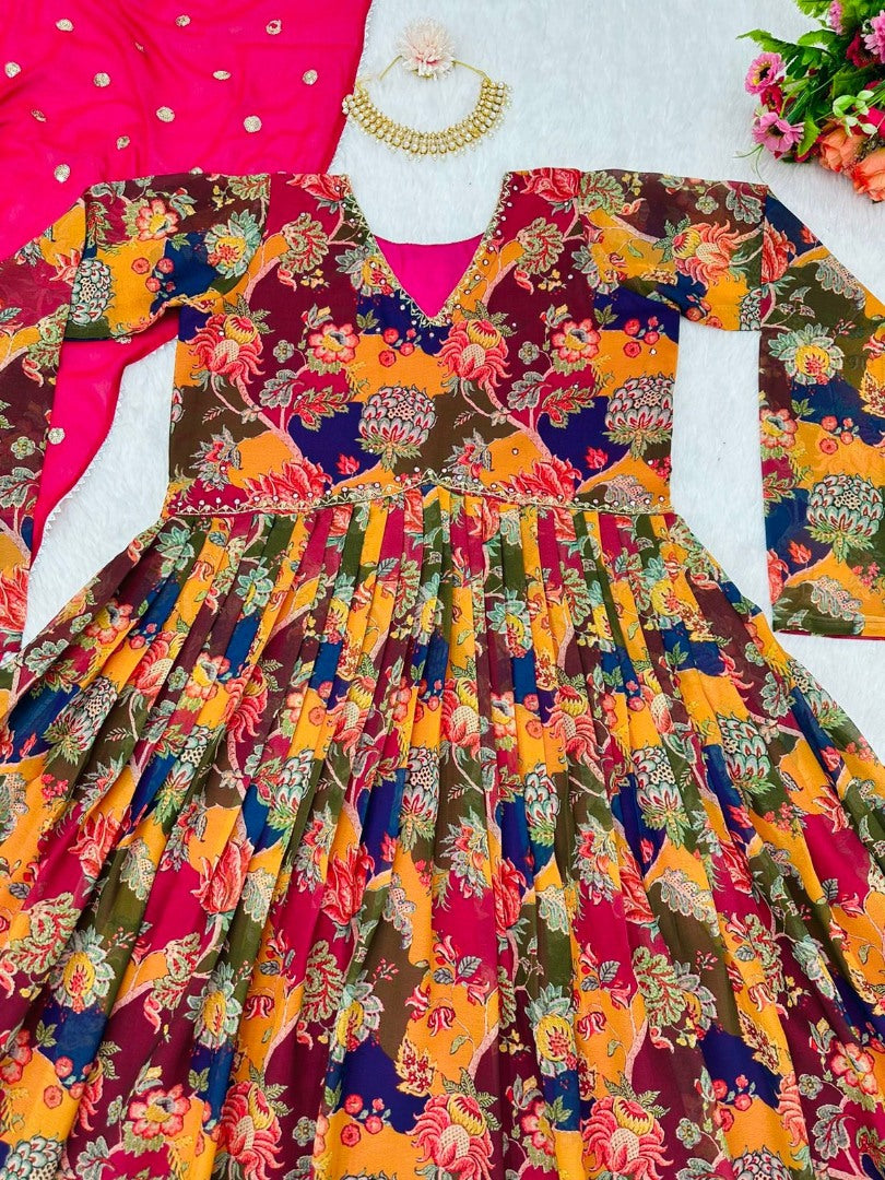 Multicolor georgette naira cut print and handwork pant suit