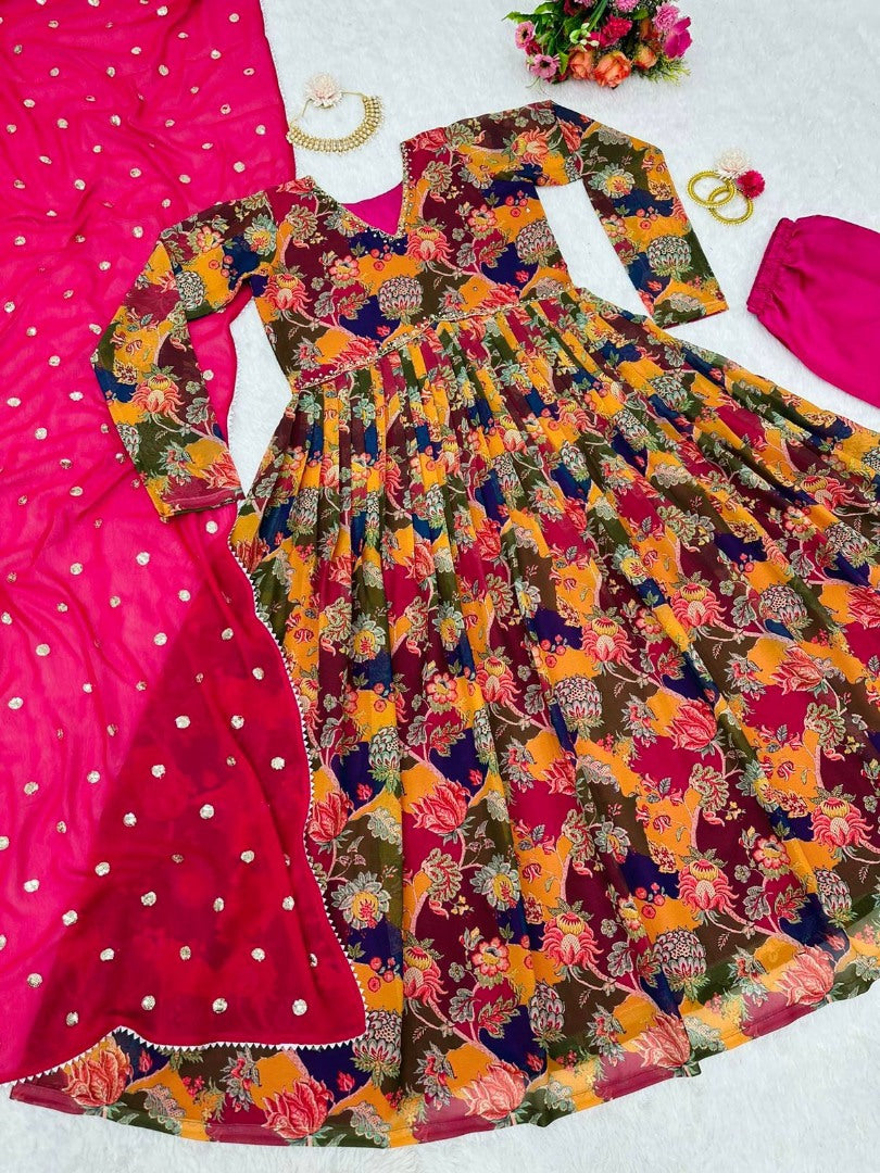 Multicolor georgette naira cut print and handwork pant suit