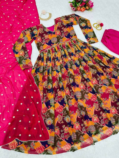 Multicolor georgette naira cut print and handwork pant suit