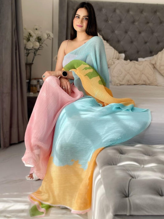 Multicolor georgette pleated designer printed saree