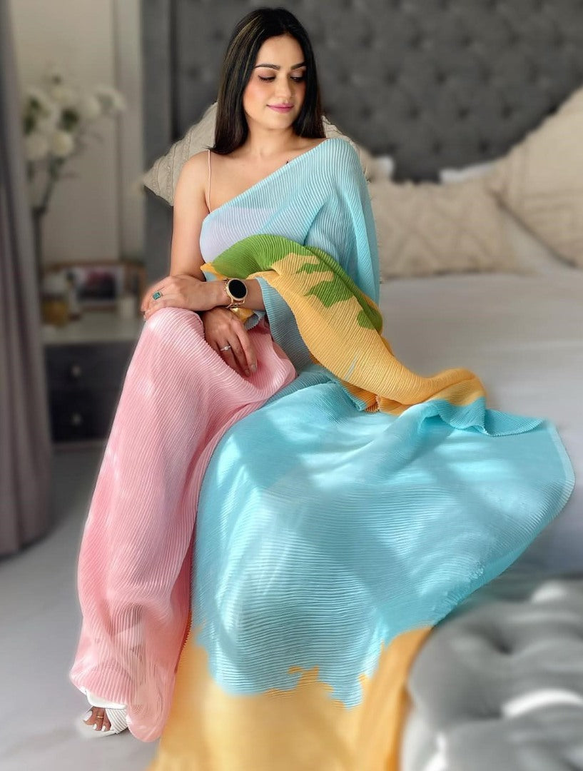 Multicolor georgette pleated designer printed saree