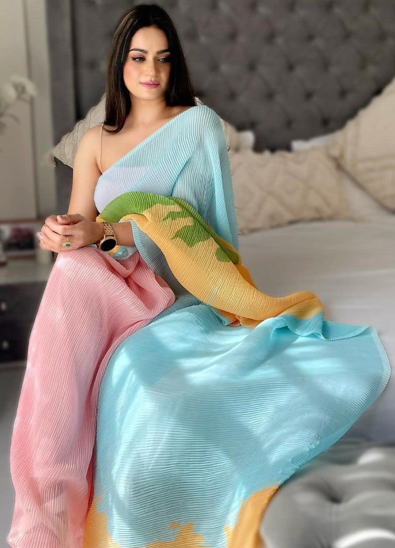 Multicolor georgette pleated designer printed saree