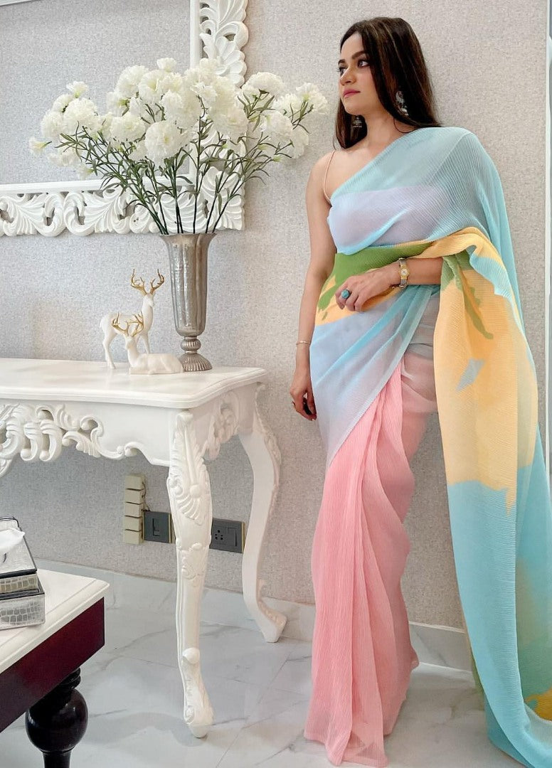 Multicolor georgette pleated designer printed saree