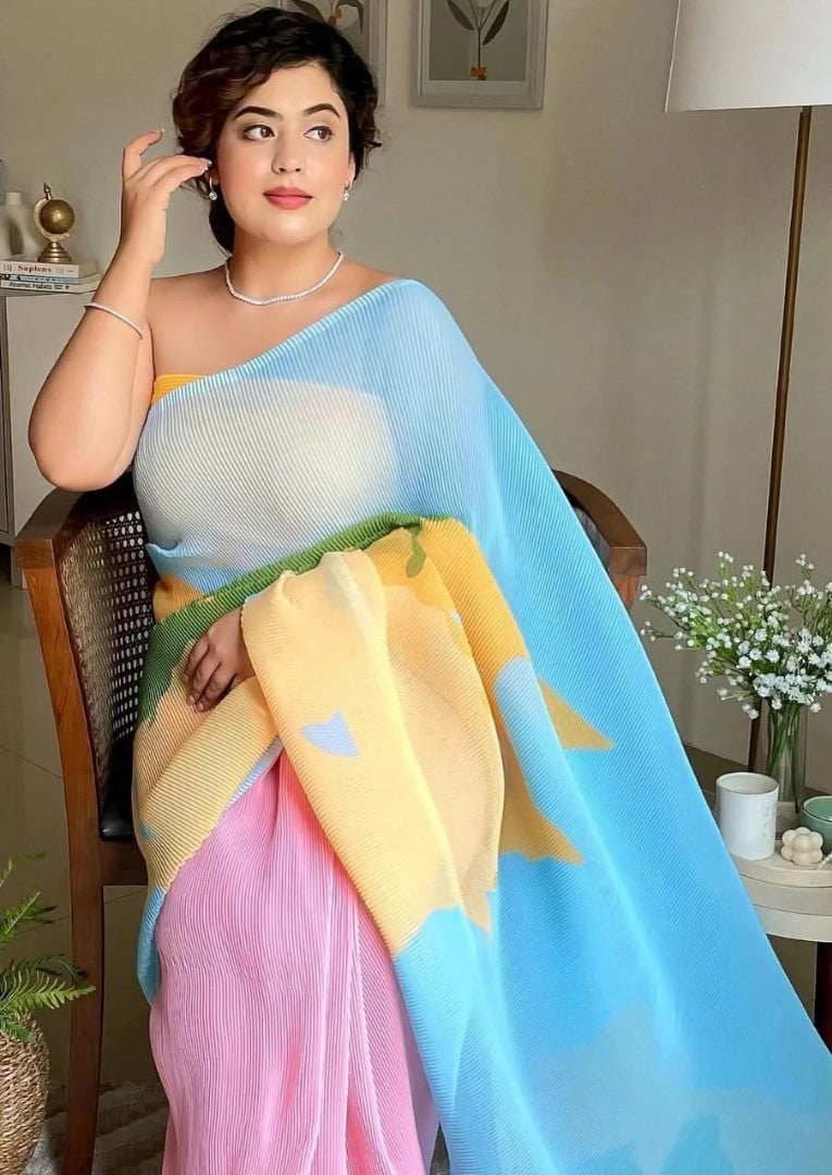 Multicolor georgette pleated designer printed saree