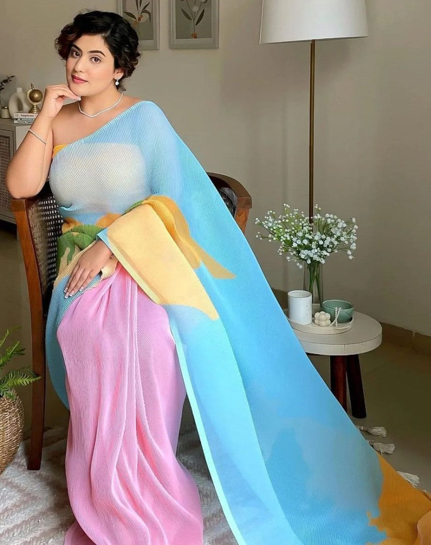 Multicolor georgette pleated designer printed saree