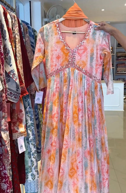 Multicolor georgette print and handwork alia cut kurti