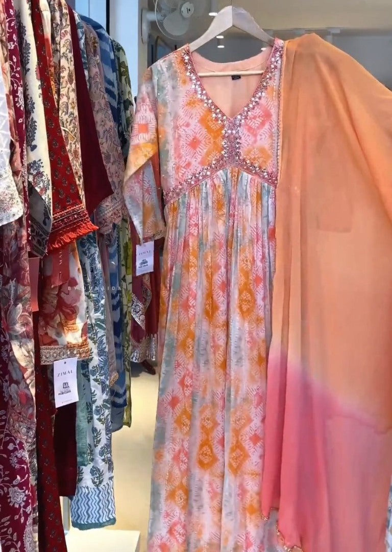 Multicolor georgette print and handwork alia cut kurti