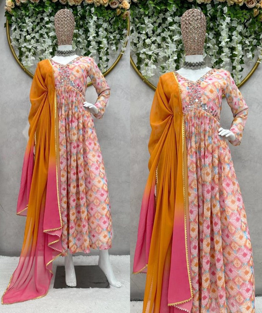 Multicolor georgette print and handwork alia cut kurti