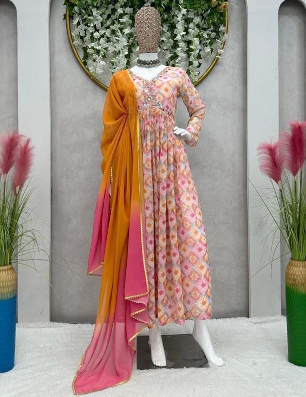 Multicolor georgette print and handwork alia cut kurti