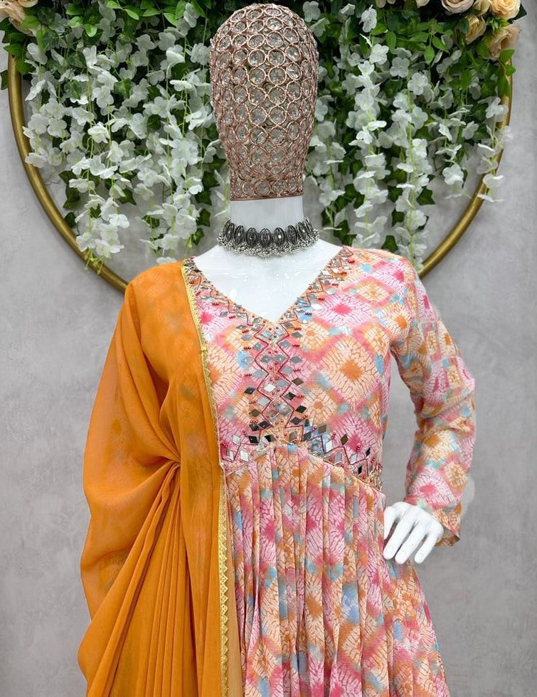 Multicolor georgette print and handwork alia cut kurti