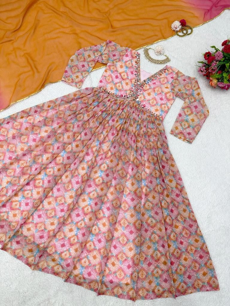 Multicolor georgette print and handwork alia cut kurti