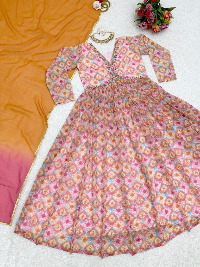 Multicolor georgette print and handwork alia cut kurti