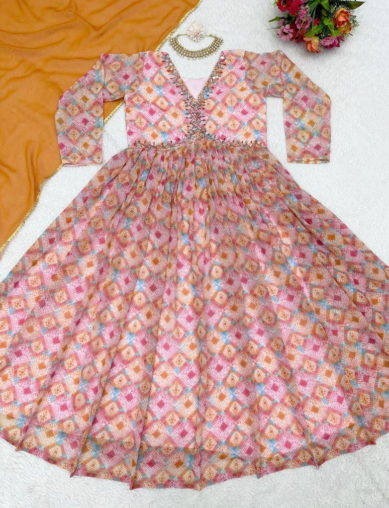 Multicolor georgette print and handwork alia cut kurti