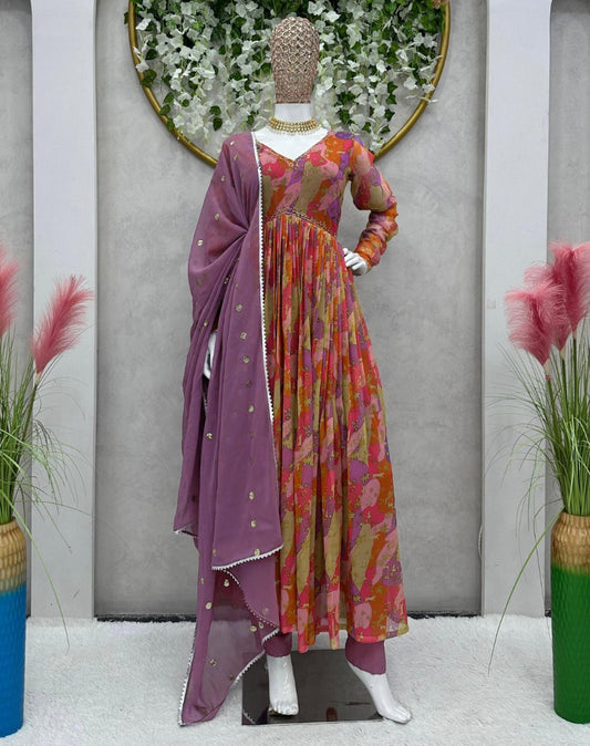 Multicolor georgette print and handwork alia cut suit