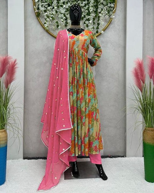 Multicolor georgette print and handwork alia cut suit