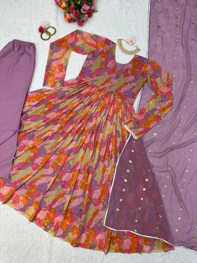 Multicolor georgette print and handwork alia cut suit
