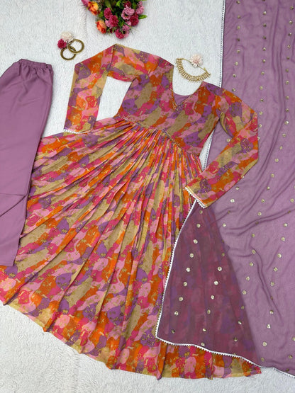 Multicolor georgette print and handwork alia cut suit