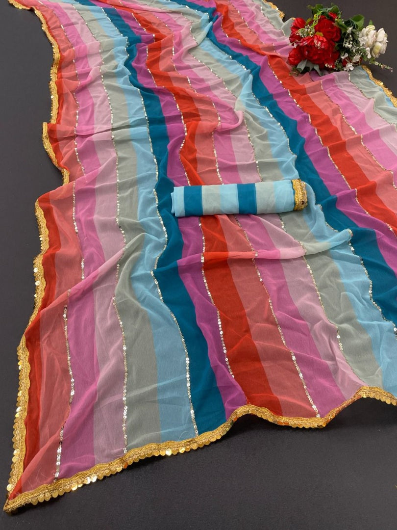 Multicolor georgette printed and embroidered saree