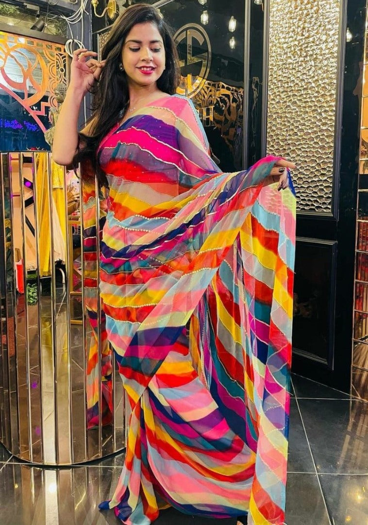 Multicolor georgette printed and thread sequence work saree