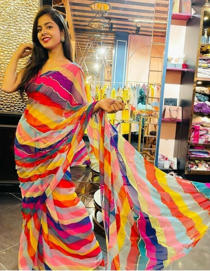 Multicolor georgette printed and thread sequence work saree