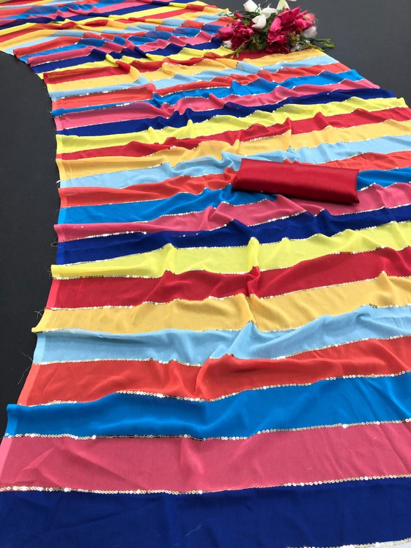 Multicolor georgette printed and thread sequence work saree