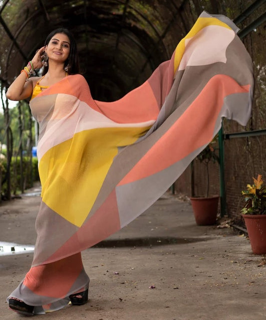 Multicolor georgette printed crush saree