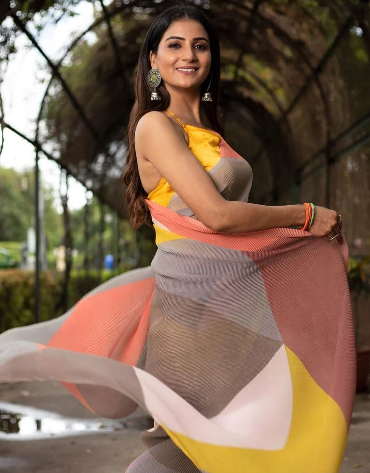 Multicolor georgette printed crush saree