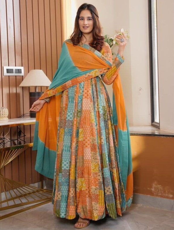 Multicolor georgette printed long gown