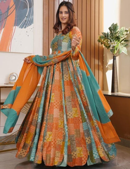 Multicolor georgette printed long gown