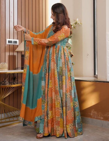 Multicolor georgette printed long gown