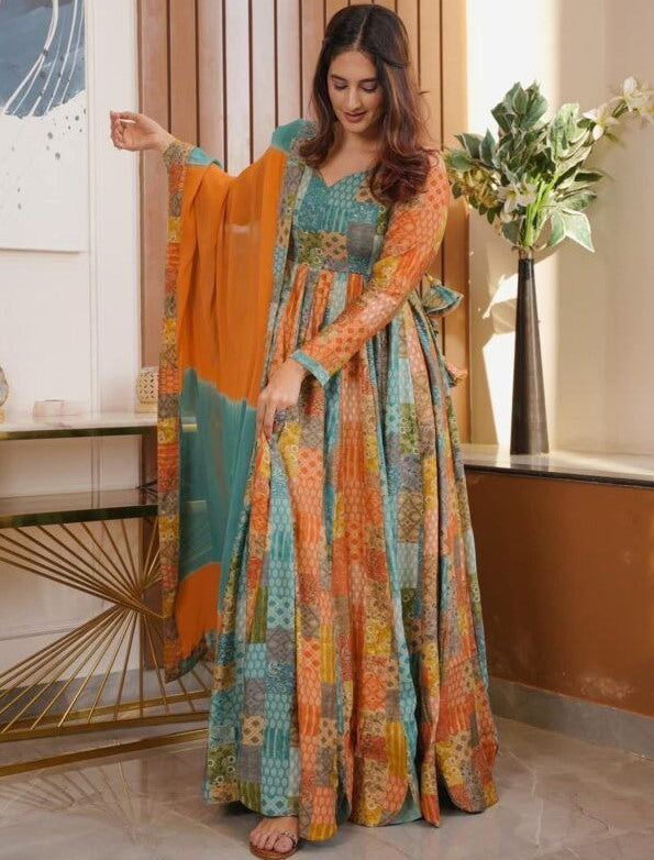Multicolor georgette printed long gown