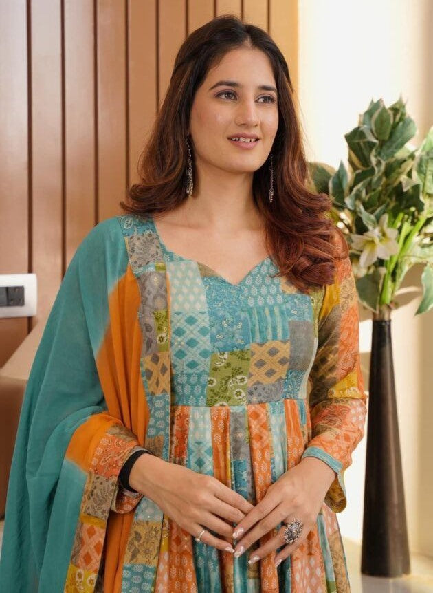 Multicolor georgette printed long gown