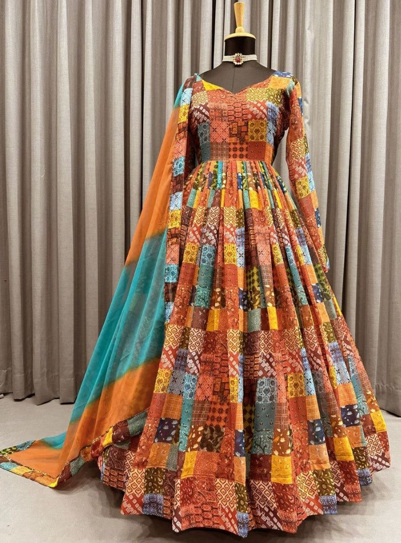 Multicolor georgette printed long gown