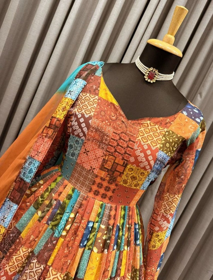 Multicolor georgette printed long gown