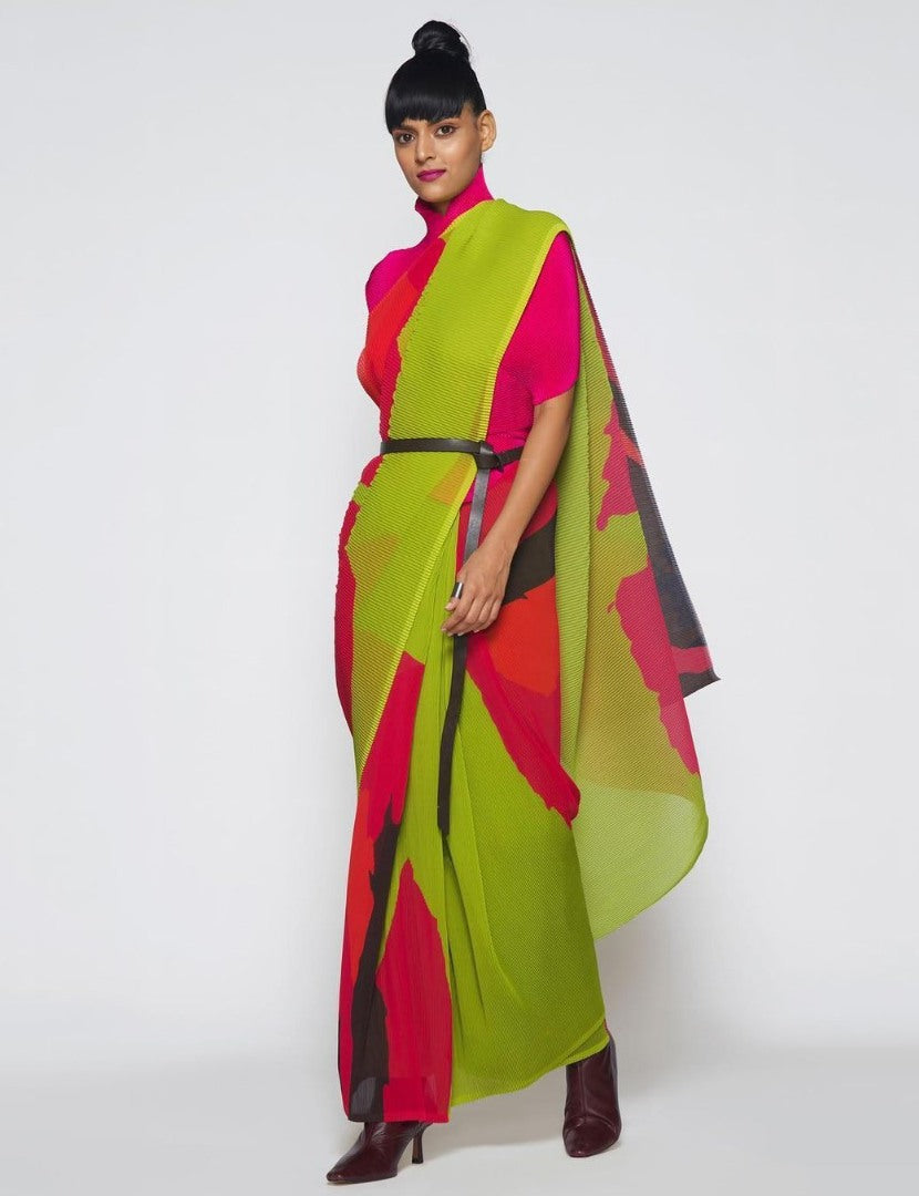 Multicolor georgette printed pleated saree