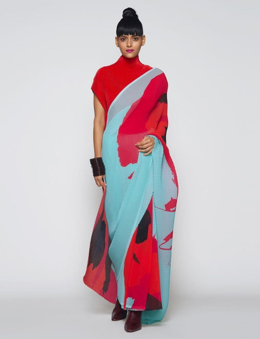 Multicolor georgette printed pleated saree