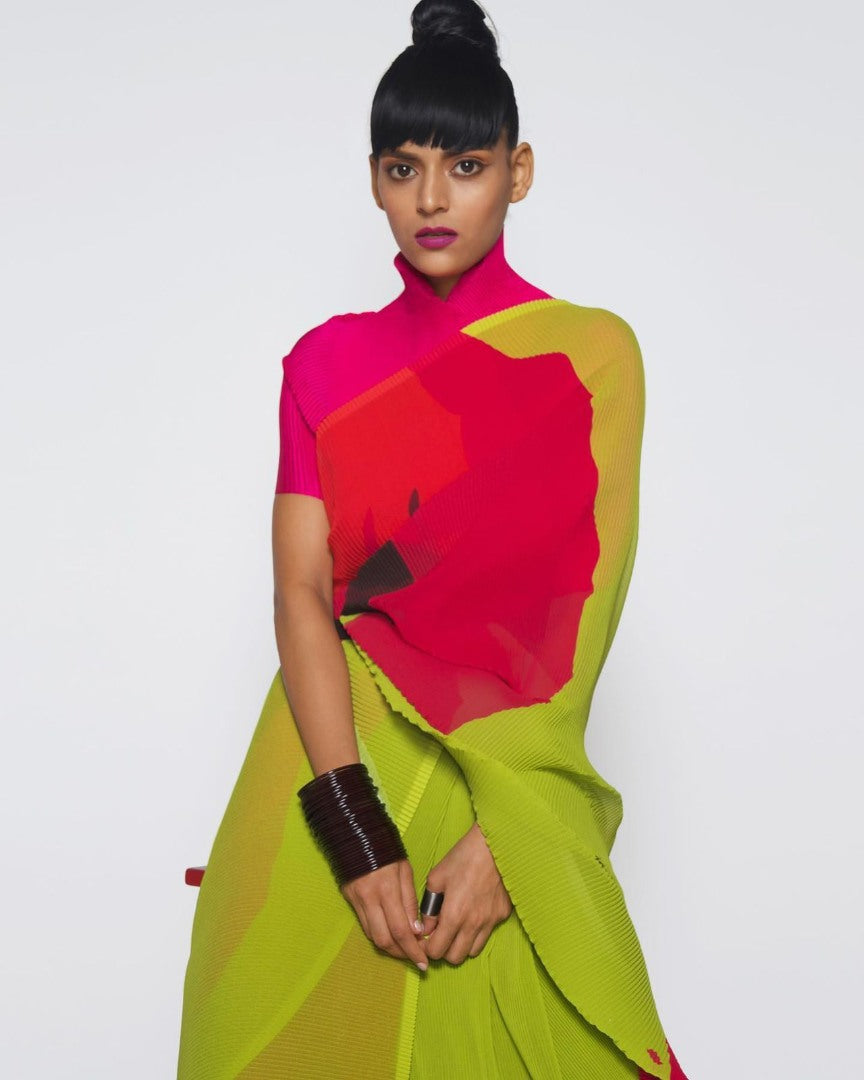 Multicolor georgette printed pleated saree