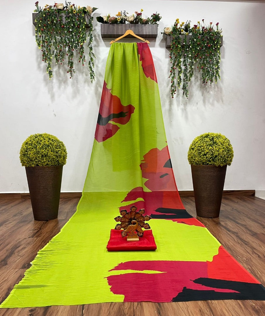 Multicolor georgette printed pleated saree