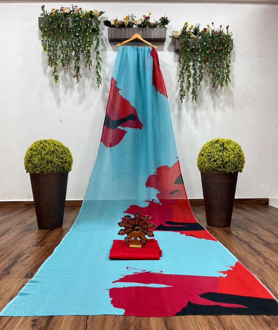 Multicolor georgette printed pleated saree
