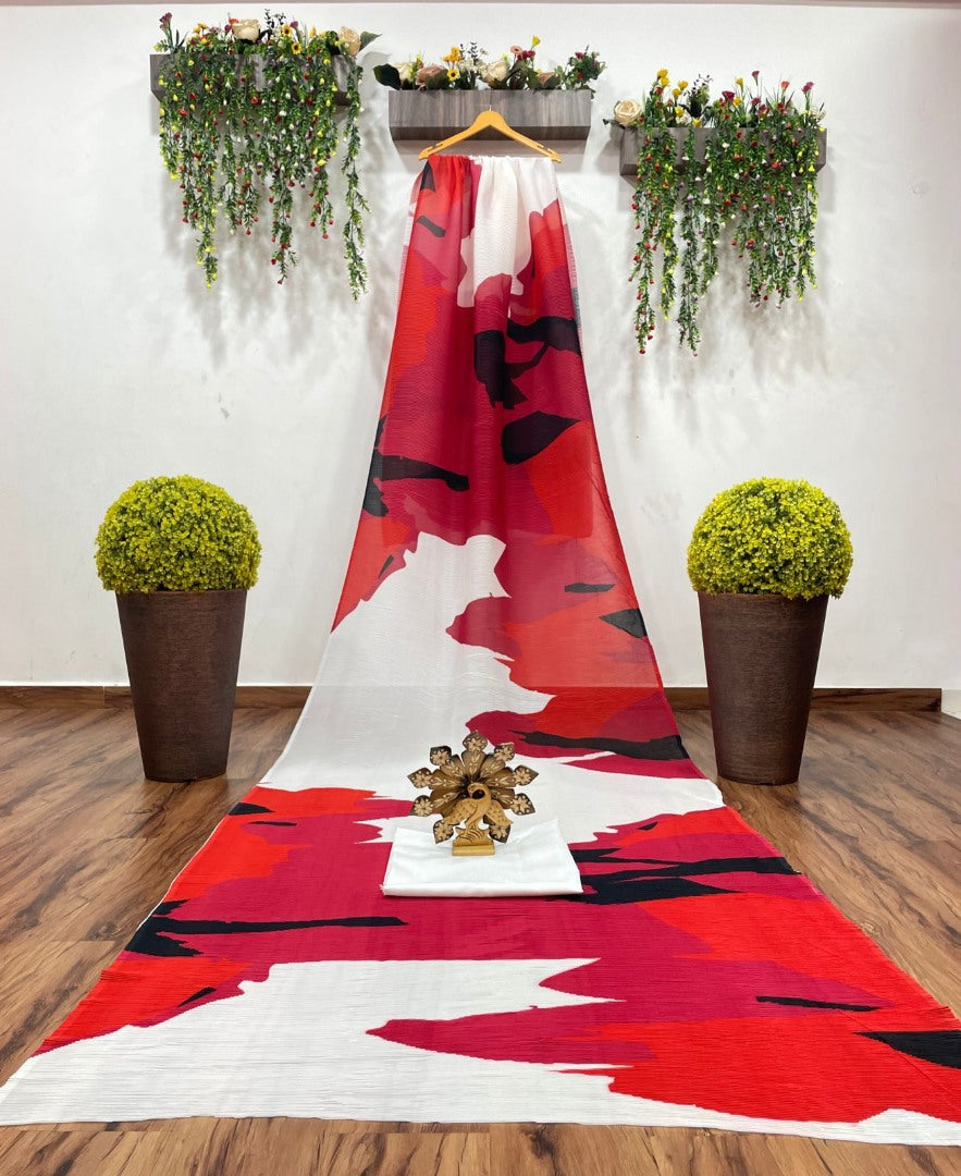 Multicolor georgette printed pleated saree