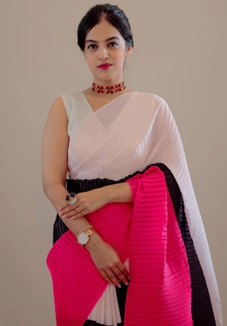 Multicolor georgette printed pleated saree