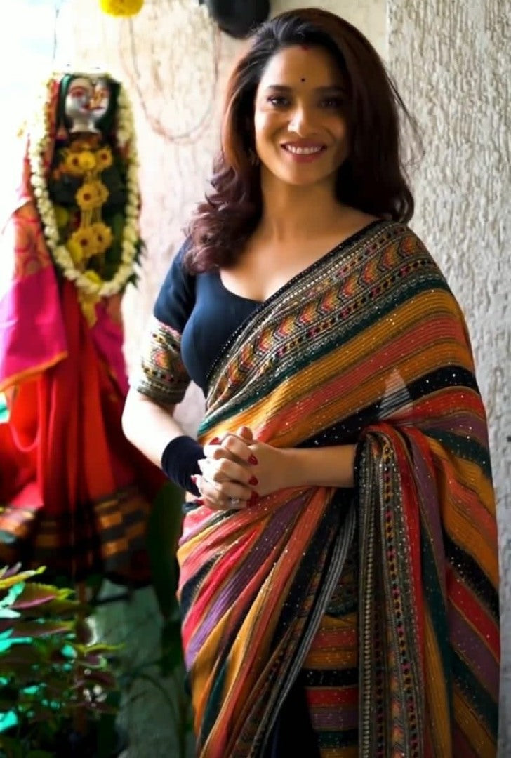 Multicolor georgette sequence embroidered saree