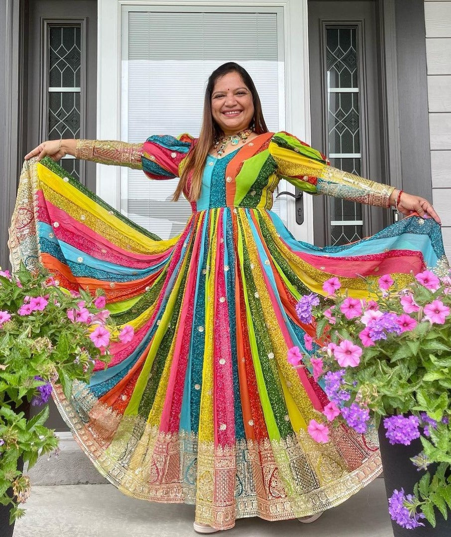 Multicolor georgette thread sequence work festive gown